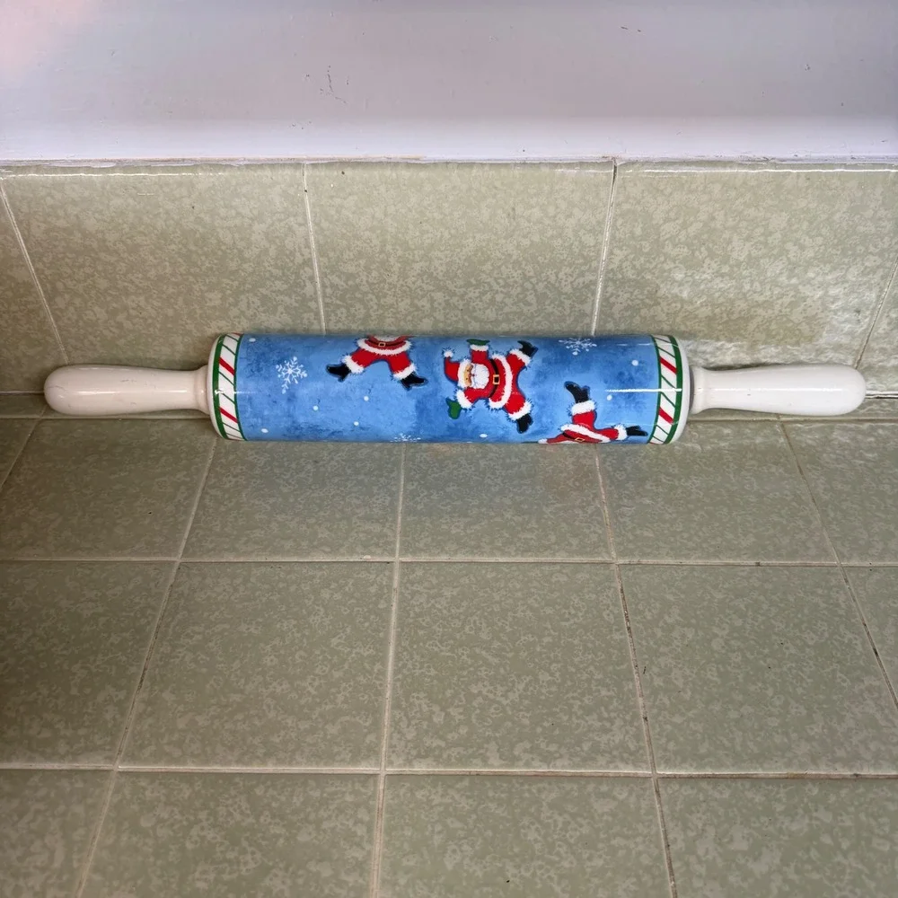 CounterArt Ceramic Rolling Pin Christmas Dancing Santa Blue Holiday Kitchenware